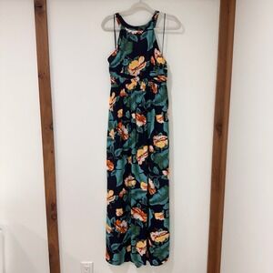 Aakaa Tropical Floral Maxi Dress Womens XL Navy Blue Halter‎ Open Back | Boho